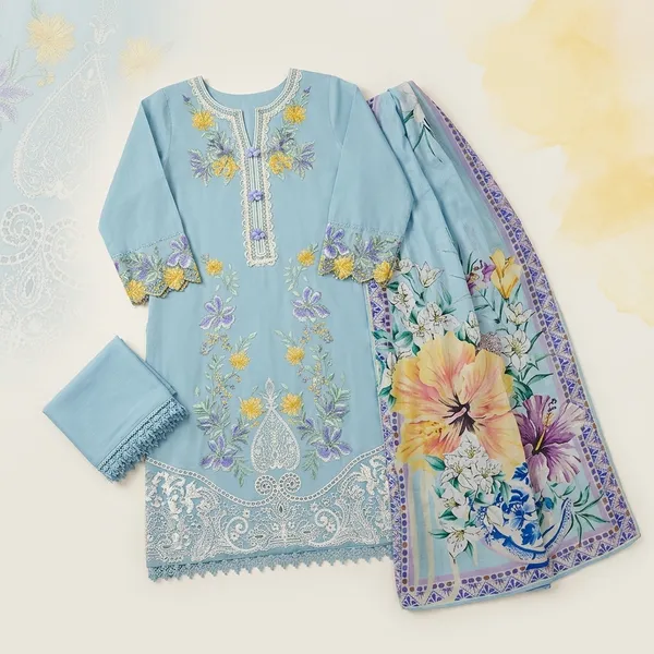 Sky_Blue_Lawn_Cotton_Straight_Floral_Embroidered_Unstitched_Kurta_Set_For_Women
