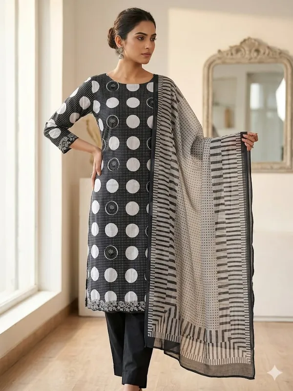 Black_Cotton_Straight_Polka_Dot_Embroidered_Unstitched_Kurta_Set_For_Women