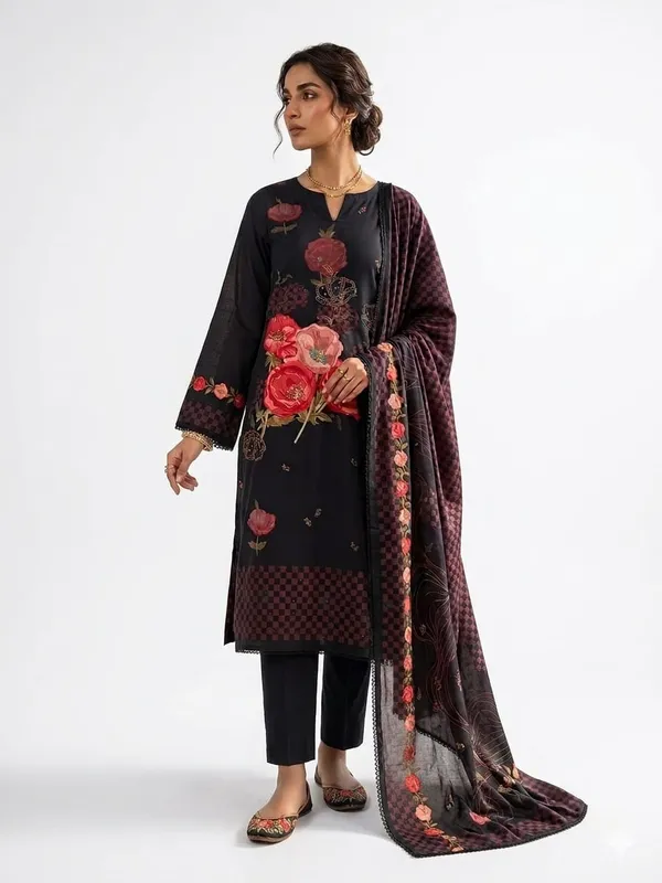 Black_Cotton_Floral_Embroidered_Unstitched_Kurta_Set_For_Women