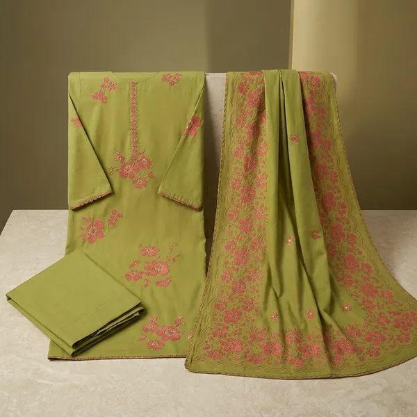 Olive_Green_Cotton_Floral_Embroidered_Unstitched_Kurta_Set_For_Women