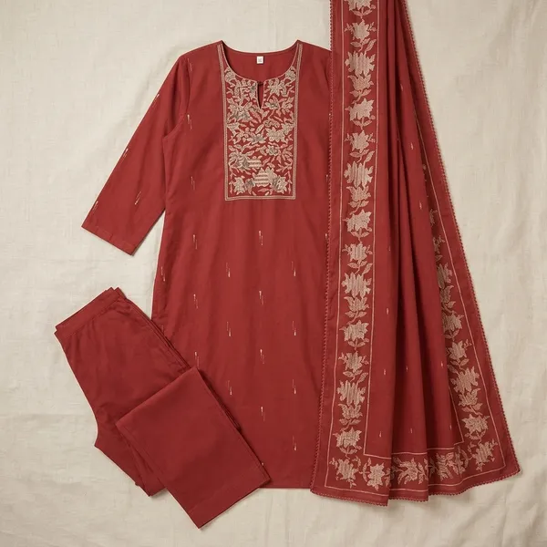 Rust_Red_Cotton_Embroidered_Straight_Kurta_Set_For_Women