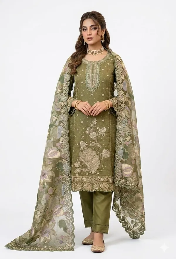 Olive_Green_Organza_Embroidered_Straight_Kurta_Set_For_Women