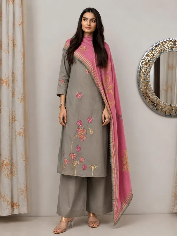 Brown_Cotrise_Straight_Unstitched_Kurta_Set_For_Women