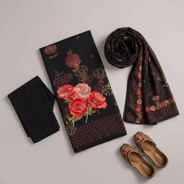 Black_Cotton_Floral_Embroidered_Unstitched_Kurta_Set_For_Women