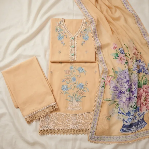 Peach_Cotton_Floral_Embroidered_Unstitched_Kurta_Set_For_Women