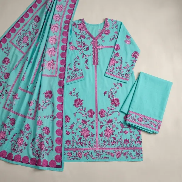 Turquoise_Lawn_Cotton_Floral_Print_Unstitched_Kurta_Set_For_Women