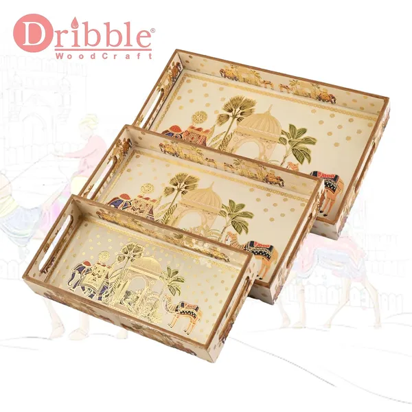 Dribble_Premium_MDF_Wood_Serving_Tray_Set_of_3_|_Gold_Engraved_Decorative_Trays_|_Waterproof_Enamel_Coated_|_Royal_Caravan_Design_|_Rectangular_|_16x10,14x8_&12x6_Inch_|_for_Kitchen,_Dining_&_Gifting