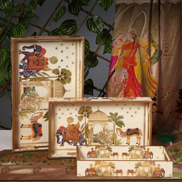 Dribble_Premium_MDF_Wood_Serving_Tray_Set_of_3_|_Gold_Engraved_Decorative_Trays_|_Waterproof_Enamel_Coated_|_Royal_Caravan_Design_|_Rectangular_|_16x10,14x8_&12x6_Inch_|_for_Kitchen,_Dining_&_Gifting