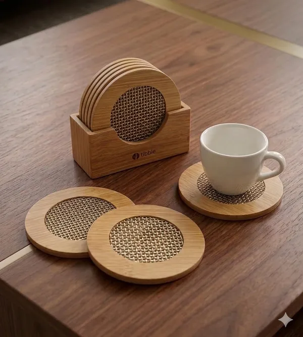 Dribble_Premium_Bamboo_Coaster_Combo_Set_|_Round_Wooden_Tea_&_Coffee_Coasters_6pcs_with_ABS_Holder_+_Bamboo_Heat_Resistant_Pan_Pot_Holder_Coasters_4pcs_|_Table_Protection_Mats_for_Dining_&_Kitchen_Use