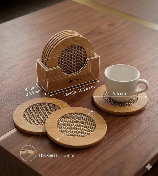 Dribble_Premium_Bamboo_Coaster_Combo_Set_|_Round_Wooden_Tea_&_Coffee_Coasters_6pcs_with_ABS_Holder_+_Bamboo_Heat_Resistant_Pan_Pot_Holder_Coasters_4pcs_|_Table_Protection_Mats_for_Dining_&_Kitchen_Use
