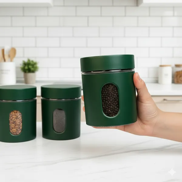 Dribble_Stainless_Steel_Storage_Jar_Set_Of_3_With_Glass_Window_|_Airtight_Kitchen_Canister_Containers_For_Rice,_Pulses,_Spices_&_Dry_Fruits_|_Moisture_Proof_(Green)_(400Ml_Each)