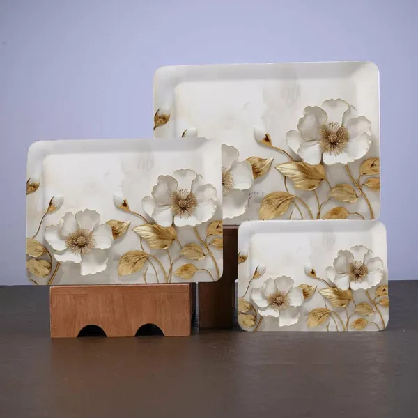 Dribble_100_Pure_Melamine_Serving_Tray_Set_Of_3_Small_Medium_Large_Food_Grade_Bpa_Free_For_Kitchen_Dining_Serving_Tea_Coffee_And_Meals_Shape_Rectangular_Design_Daisy_Delight