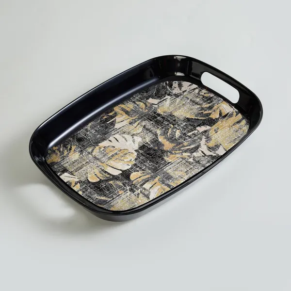 Dribble_100%_Pure_Melamine_Serving_Tray_with_Handle_Medium,_Food_Grade,_BPA_Free,_for_Kitchen,_Dining,_Serving_Tea,_Coffee_and_Meals,_Shape_Rectangular,_Design:_Earthy_Bloom