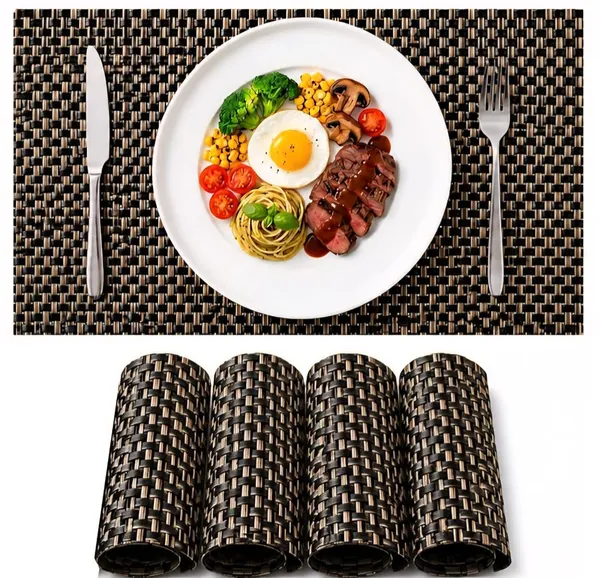 Dribble_Premium_Anti_Uv_Mesh_Woven_Pvc_Table_Placemats_Set_Of_4_Non_Slip_Heat_Resistant_Washable_Dining_Table_Mats_For_Kitchen_Dining_Office_45Cm_X_30Cm_Durable_Textured_Design_Black