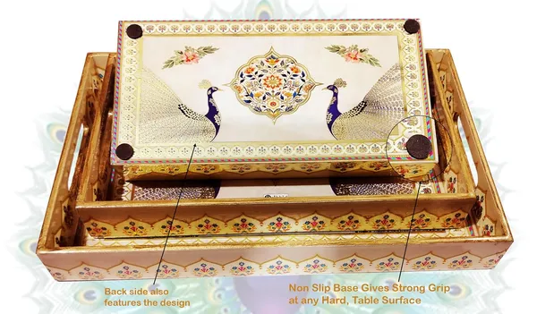 Dribble_Premium_MDF_Wood_Serving_Tray_Set_of_3_|_Gold_Engraved_Decorative_Trays_|_Waterproof_Enamel_Coated_|_Peacock_Plazoo_Design_|_Rectangular_|_16x10,14x8_&12x6_Inch_|_for_Kitchen,_Dining_&_Gifting