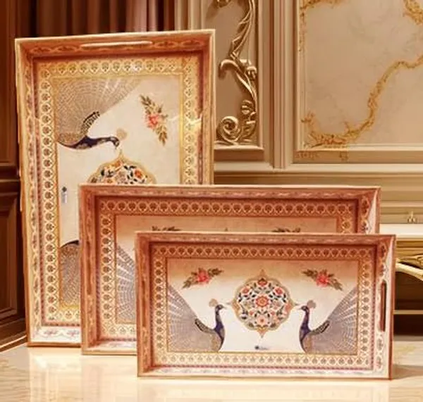 Dribble_Premium_MDF_Wood_Serving_Tray_Set_of_3_|_Gold_Engraved_Decorative_Trays_|_Waterproof_Enamel_Coated_|_Peacock_Plazoo_Design_|_Rectangular_|_16x10,14x8_&12x6_Inch_|_for_Kitchen,_Dining_&_Gifting