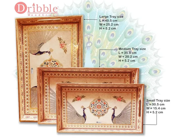 Dribble_Premium_MDF_Wood_Serving_Tray_Set_of_3_|_Gold_Engraved_Decorative_Trays_|_Waterproof_Enamel_Coated_|_Peacock_Plazoo_Design_|_Rectangular_|_16x10,14x8_&12x6_Inch_|_for_Kitchen,_Dining_&_Gifting