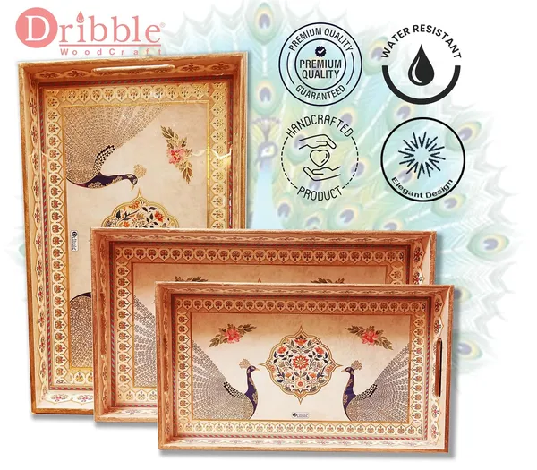 Dribble_Premium_MDF_Wood_Serving_Tray_Set_of_3_|_Gold_Engraved_Decorative_Trays_|_Waterproof_Enamel_Coated_|_Peacock_Plazoo_Design_|_Rectangular_|_16x10,14x8_&12x6_Inch_|_for_Kitchen,_Dining_&_Gifting