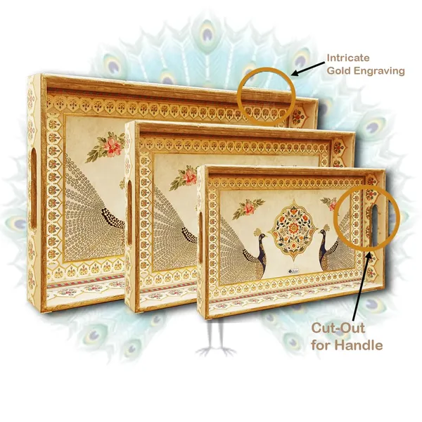 Dribble_Premium_MDF_Wood_Serving_Tray_Set_of_3_|_Gold_Engraved_Decorative_Trays_|_Waterproof_Enamel_Coated_|_Peacock_Plazoo_Design_|_Rectangular_|_16x10,14x8_&12x6_Inch_|_for_Kitchen,_Dining_&_Gifting