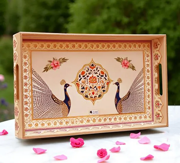Dribble_Premium_Mdf_Wood_Serving_Tray_Large_Gold_Engraved_Decorative_Trays_Waterproof_Enamel_Coated_Peacock_Plazo_Design_Rectangular_For_Kitchen_Dining_Gifting