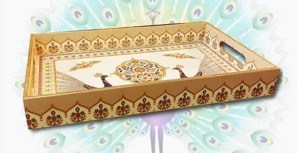 Dribble_Premium_Mdf_Wood_Serving_Tray_Large_Gold_Engraved_Decorative_Trays_Waterproof_Enamel_Coated_Peacock_Plazo_Design_Rectangular_For_Kitchen_Dining_Gifting