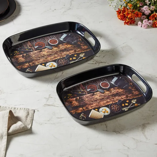Dribble_100%_Pure_Melamine_Serving_Tray_with_Handle_Small,_Food_Grade,_BPA_Free,_for_Kitchen,_Dining,_Serving_Tea,_Coffee_and_Meals,_Shape_Rectangular,_Design:_Cafe_Culture_Pack_of_2