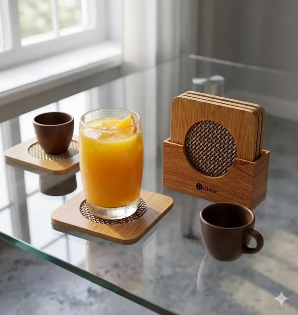 Dribble_Premium_Bamboo_Coaster_Combo_Set_|_Square_Wooden_Tea_&_Coffee_Coasters_6pcs_with_ABS_Holder_+_Bamboo_Heat_Resistant_Pan_Pot_Holder_Coasters_4pcs_|_Table_Protection_Mats_for_Dining_&_Kitchen_Use