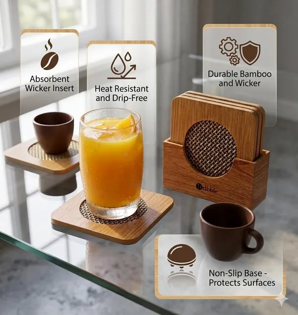 Dribble_Premium_Bamboo_Coaster_Combo_Set_|_Square_Wooden_Tea_&_Coffee_Coasters_6pcs_with_ABS_Holder_+_Bamboo_Heat_Resistant_Pan_Pot_Holder_Coasters_4pcs_|_Table_Protection_Mats_for_Dining_&_Kitchen_Use