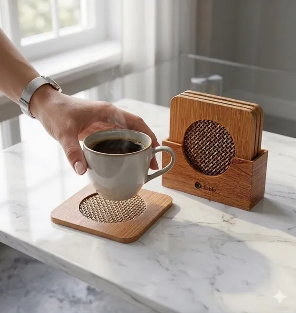 Dribble_Premium_Bamboo_Coaster_Combo_Set_|_Square_Wooden_Tea_&_Coffee_Coasters_6pcs_with_ABS_Holder_+_Bamboo_Heat_Resistant_Pan_Pot_Holder_Coasters_4pcs_|_Table_Protection_Mats_for_Dining_&_Kitchen_Use