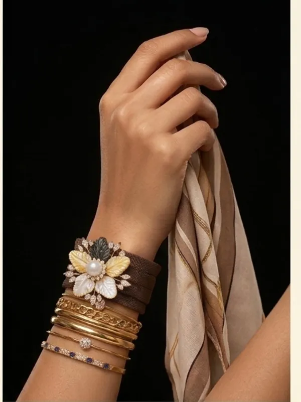 Gold_Tone_Floral_Enamel_Cuff_Bracelet_Set_For_Women