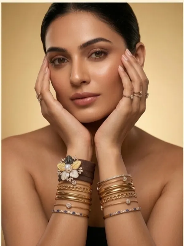 Gold_Tone_Floral_Enamel_Cuff_Bracelet_Set_For_Women