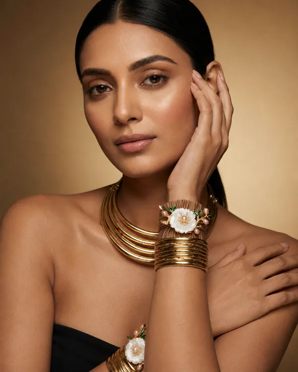 Gold_Tone_Floral_Pearl_Embellished_Cuff_Bracelet_Set_For_Women