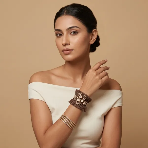 Brown_Floral_Embellished_Cuff_Bracelet_For_Women