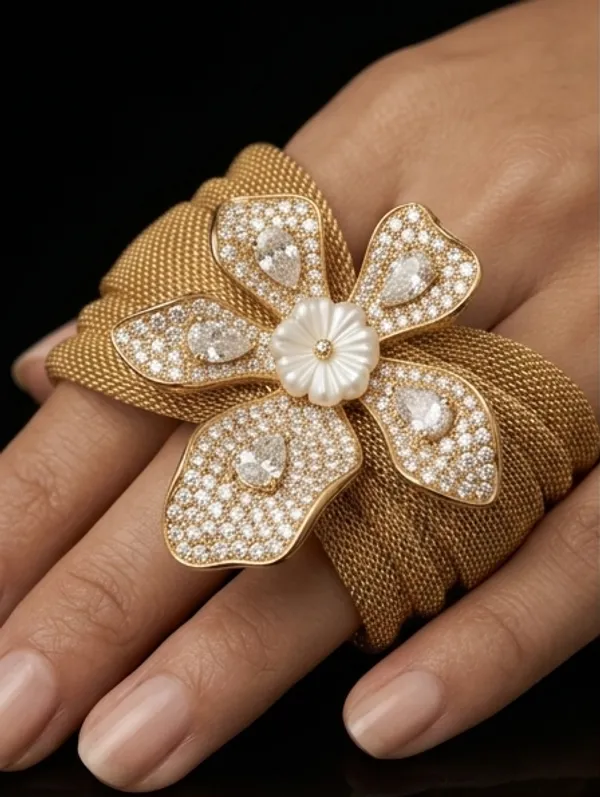 Gold_Mesh_Diamond_Flower_Bracelet_For_Women