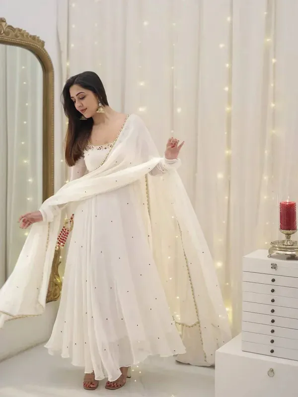 New_Designer_Collection_In_Faux_Georgette_With_Embroidery_Sequence_Work_Gown_And_Dupatta_Set_Fully_Stitched_Ready_To_Wear
