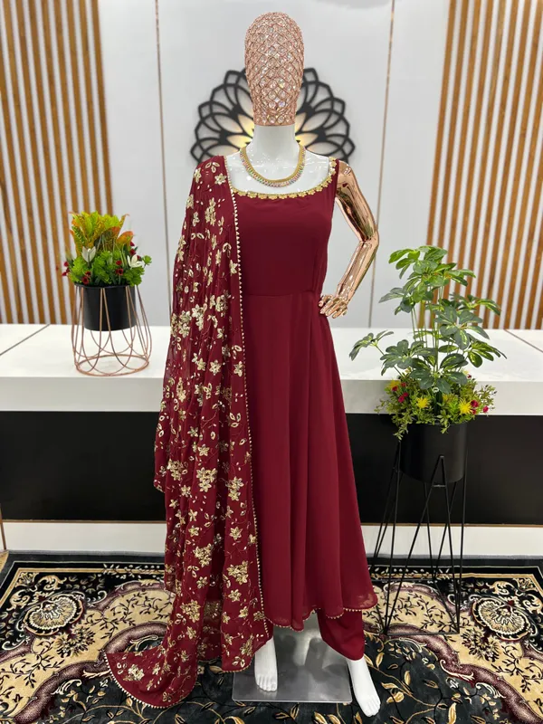Maroon_Heavy_Faux_Georgette_Anarkali_Gown_With_Embroidery_Sequence_Work_Dupatta