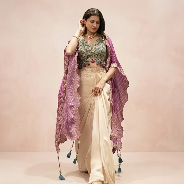 Designer_Draped_Skirt_Set_With_Tube_Blouse_Chiffon_Shrug_Sequin_Embroidery_Indo_Western_Outfit_Pink