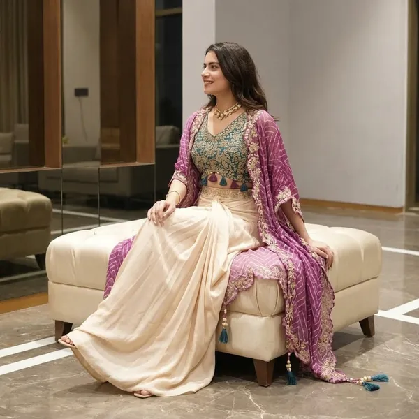 Designer_Draped_Skirt_Set_With_Tube_Blouse_Chiffon_Shrug_Sequin_Embroidery_Indo_Western_Outfit_Pink