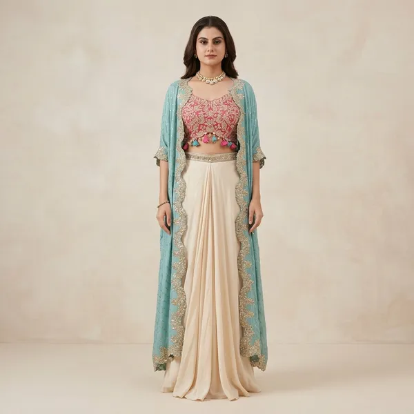 Designer_Draped_Skirt_Set_With_Tube_Blouse_Chiffon_Shrug_Sequin_Embroidery_Indo_Western_Outfit_Blue