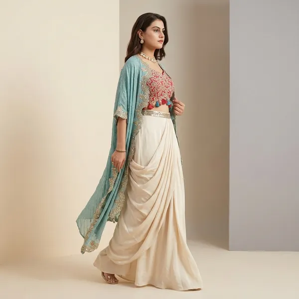 Designer_Draped_Skirt_Set_With_Tube_Blouse_Chiffon_Shrug_Sequin_Embroidery_Indo_Western_Outfit_Blue