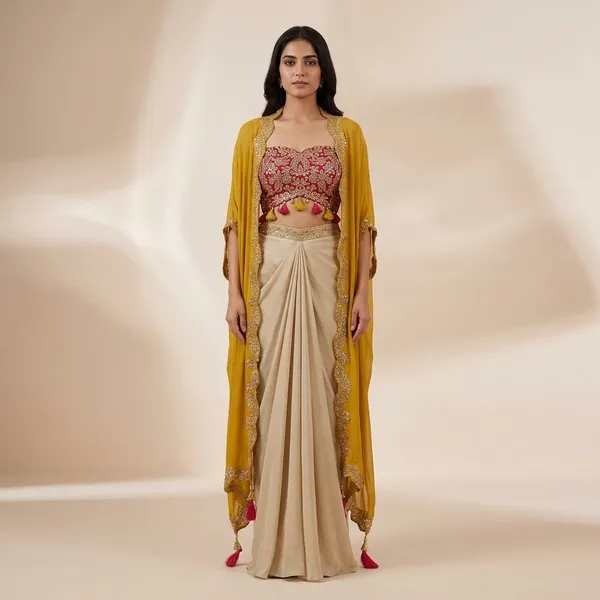 Designer_Draped_Skirt_Set_With_Tube_Blouse_Chiffon_Shrug_Sequin_Embroidery_Indo_Western_Outfit_Yellow