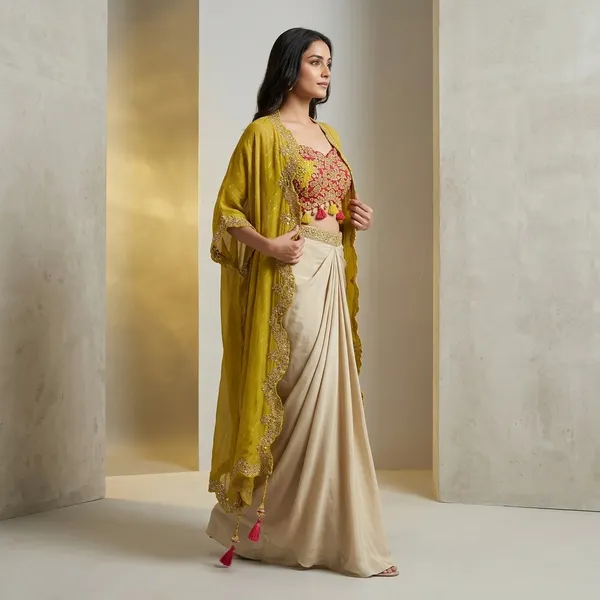 Designer_Draped_Skirt_Set_With_Tube_Blouse_Chiffon_Shrug_Sequin_Embroidery_Indo_Western_Outfit_Yellow