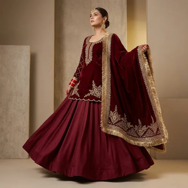 New_Arrival_Premium_Natural_Crepe_Silk_Lehenga_Set_Maroon