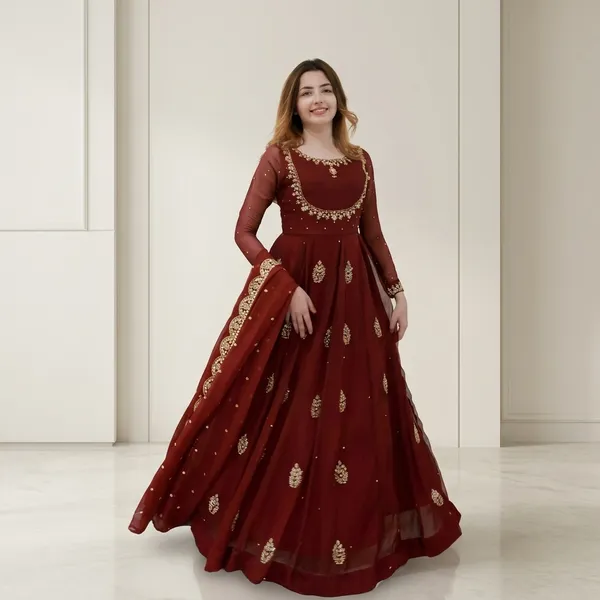 Exclusive_Sequin_Embroidered_Georgette_Gown_With_Dupatta_Party_Wedding_Wear_Maroon