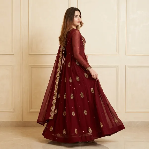 Exclusive_Sequin_Embroidered_Georgette_Gown_With_Dupatta_Party_Wedding_Wear_Maroon