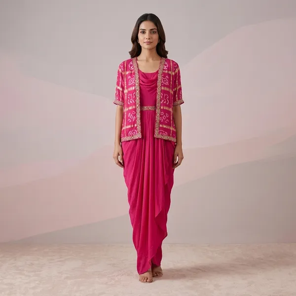 Exclusive_One_Piece_Cowl_Dress_With_Shrug_Printed_Chinon_Sequin_Work_Pink