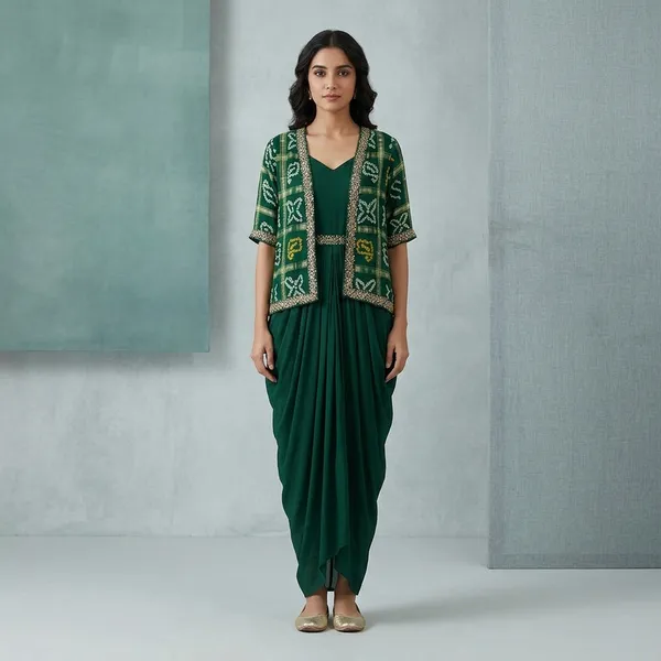 Exclusive_One_Piece_Cowl_Dress_With_Shrug_Printed_Chinon_Sequin_Work_Green