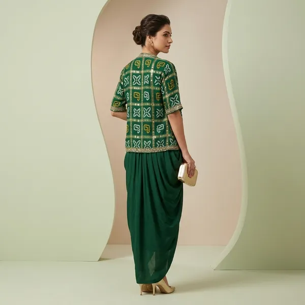 Exclusive_One_Piece_Cowl_Dress_With_Shrug_Printed_Chinon_Sequin_Work_Green