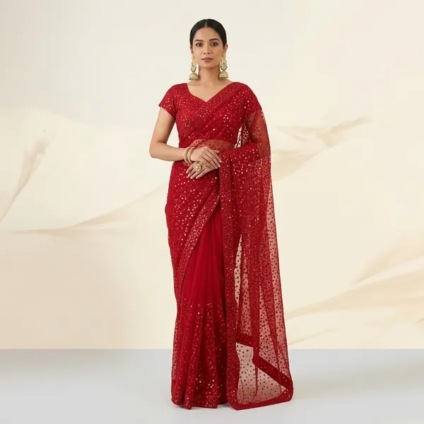 Latest_Designer_Butterfly_Net_Saree_Collection_Red