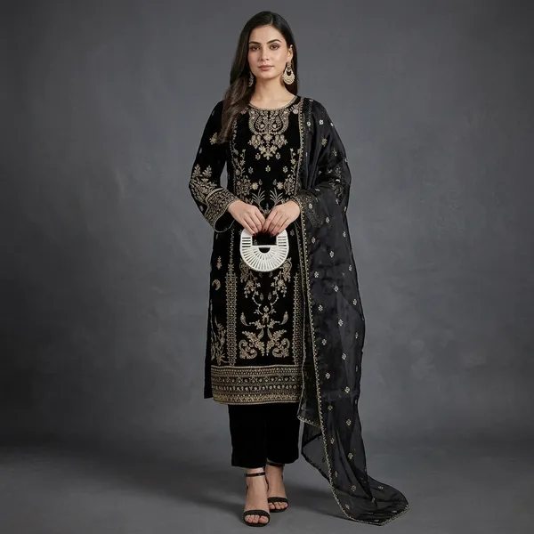 Elegant_Black_Velvet_Embroidered_Kurta_Set